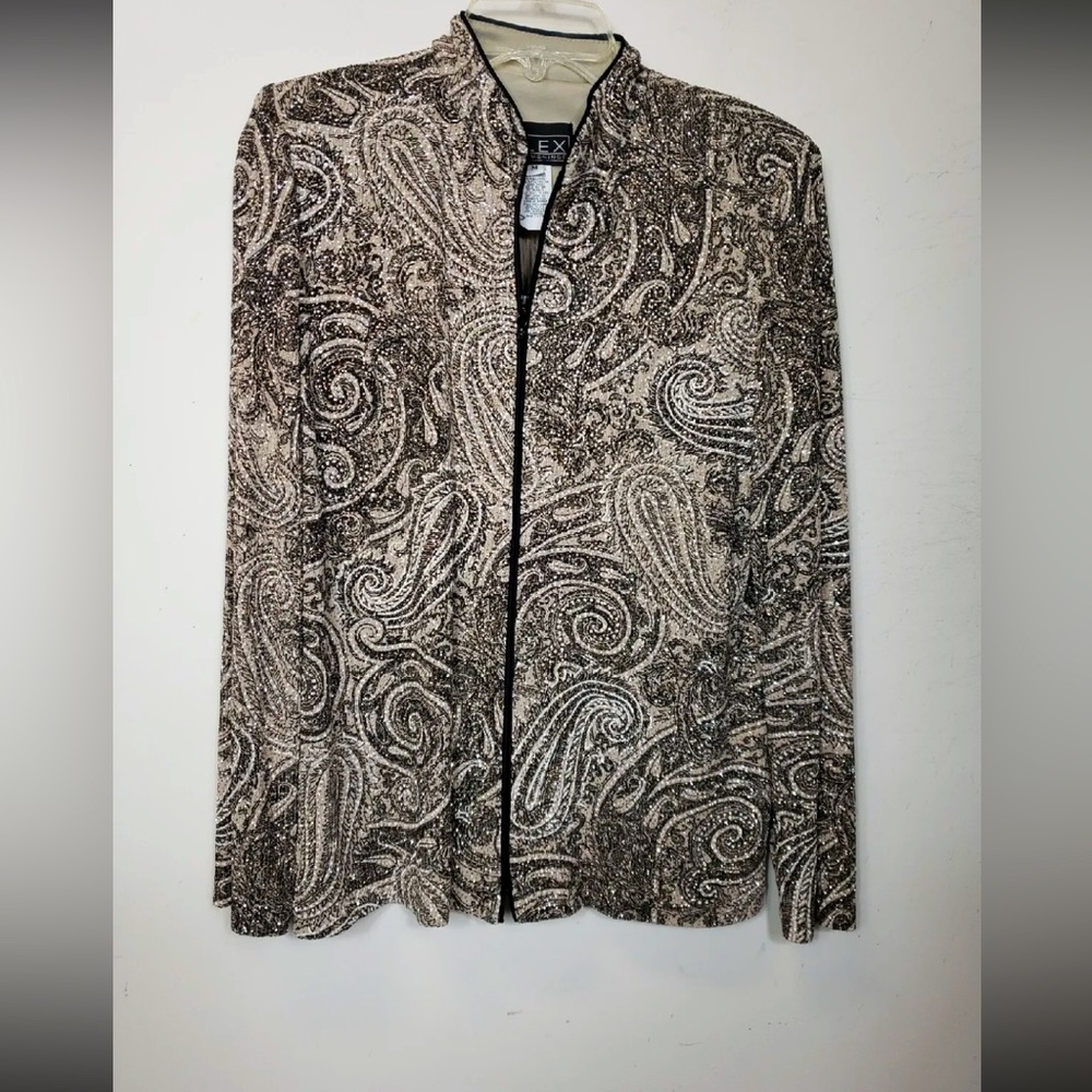 Alex Evening Woman’s XL Shimmery Paisley Zip Front Jacket Tan/Black